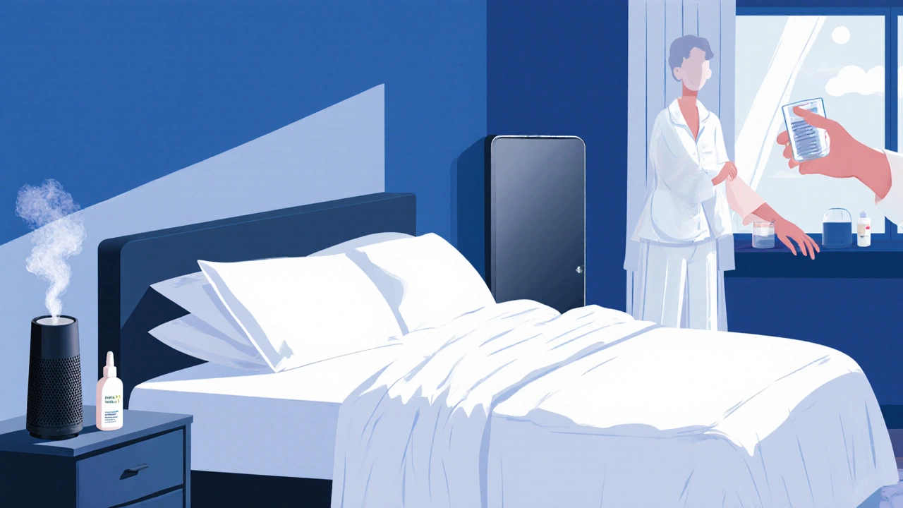 Bedroom setup with allergen‑proof bedding, humidifier, air purifier, and fragrance‑free skin products.