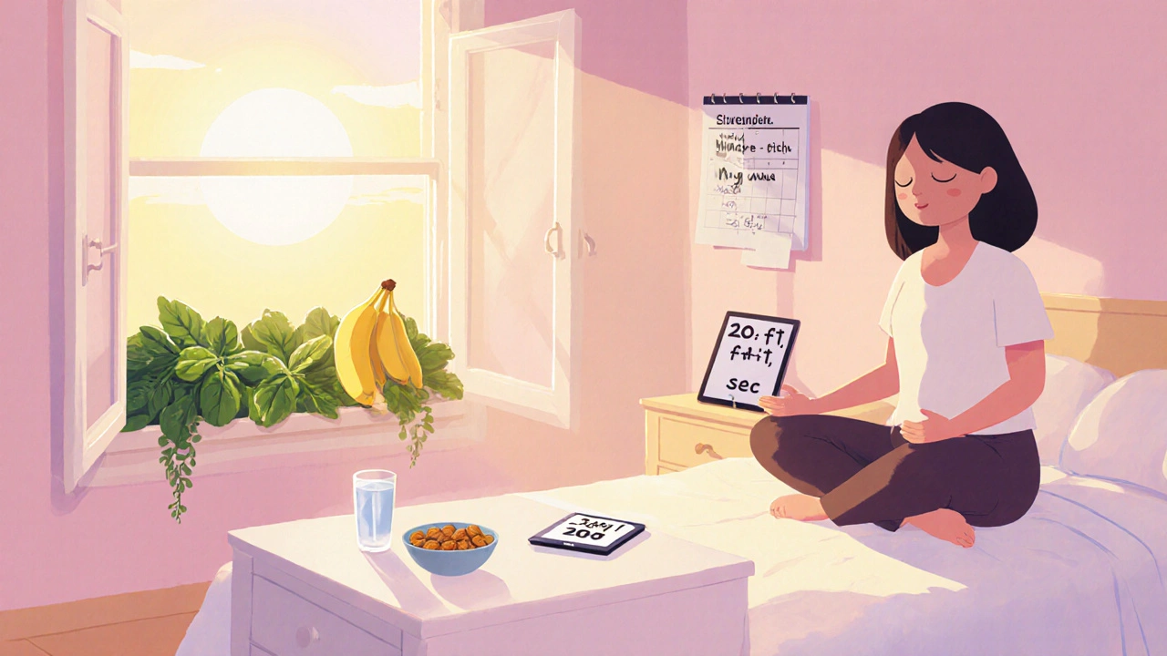 Calm bedroom scene with breathing, water, healthy foods, and eye‑exam reminder for wellness.