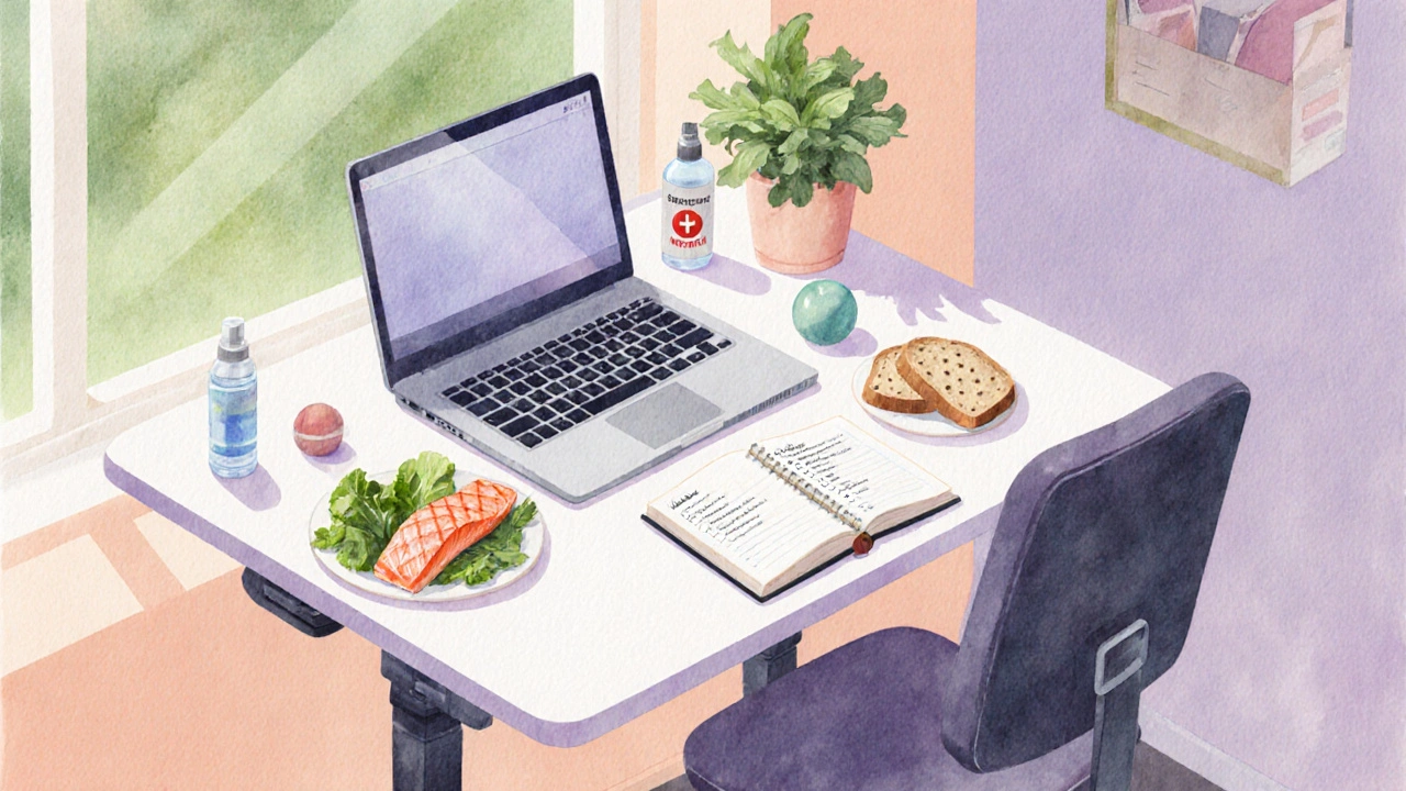 Calm ergonomic workspace with healthy lunch, plant, and emergency kit.