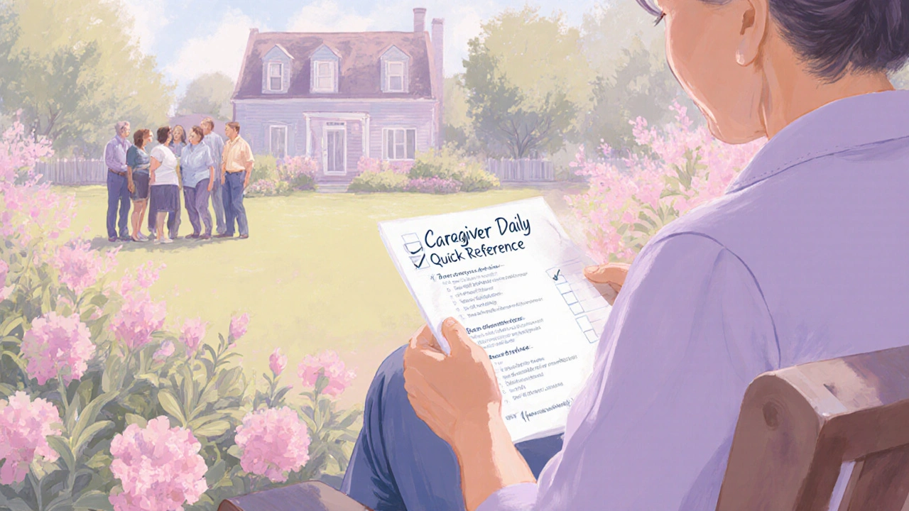 Caregiver reviewing a checklist while resting in a garden, with support group nearby.