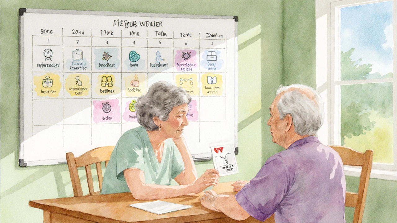 Caregiver using picture card and whiteboard schedule to communicate with an elderly person.