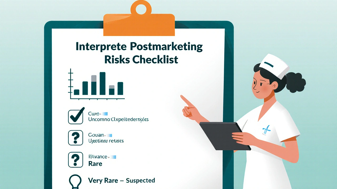 Checklist with icons for frequency, isolated reports, and suspected reactions.