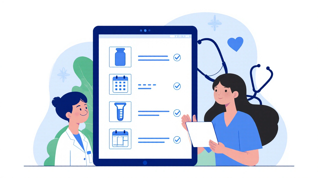 Checklist with pill bottle, calendar, and lab test icons on a tablet.