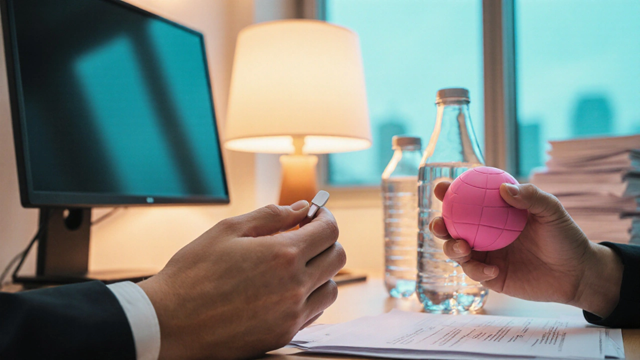 Close‑up of hands using nitroglycerin, a stress ball, and water bottle at a desk.
