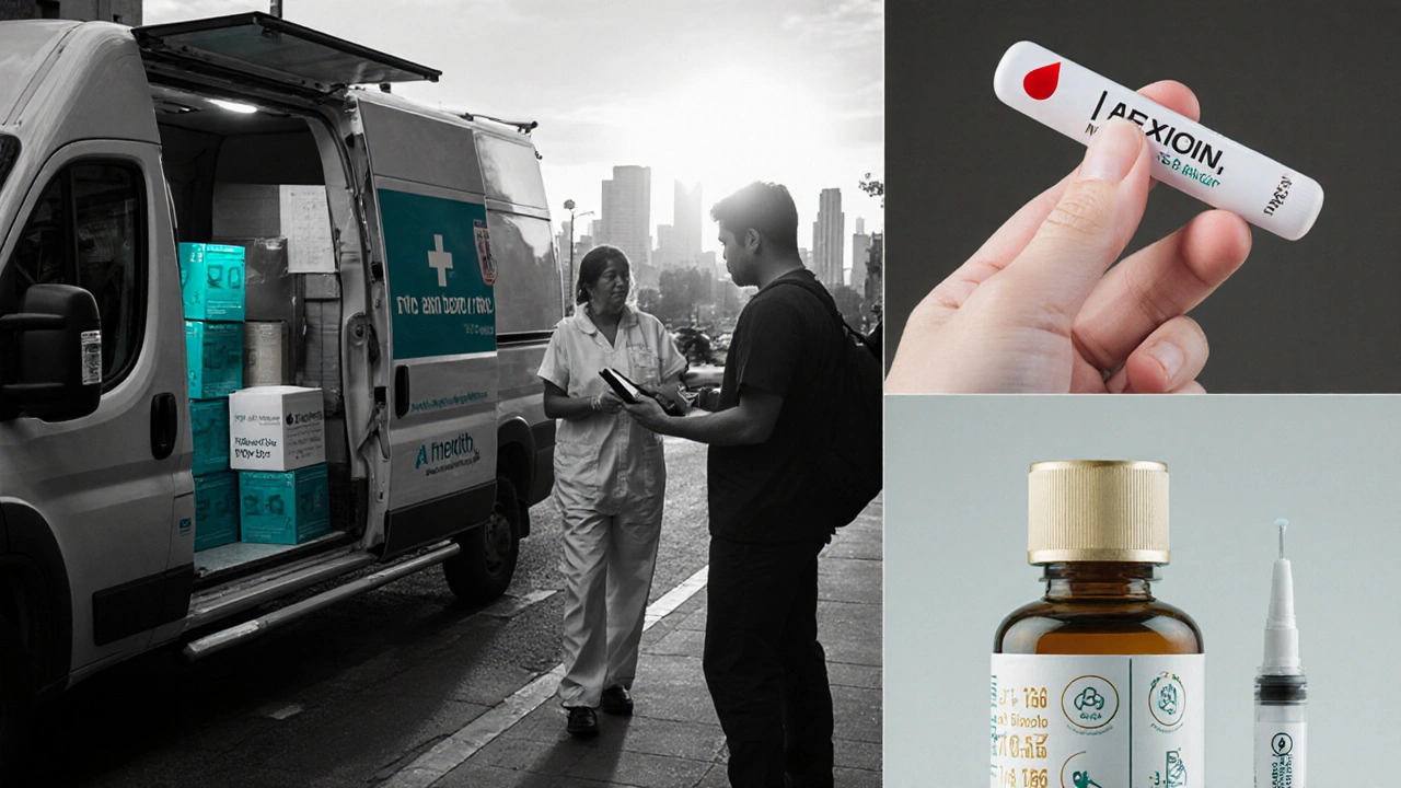 Community van offering tests, patient with finger‑prick, pills and injectable device under a hopeful sunrise.