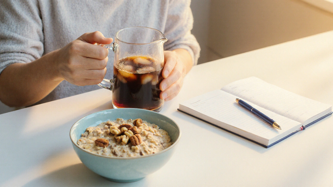 Cozy kitchen scene of someone making cold‑brew coffee with oatmeal and an open notebook for tracking symptoms.