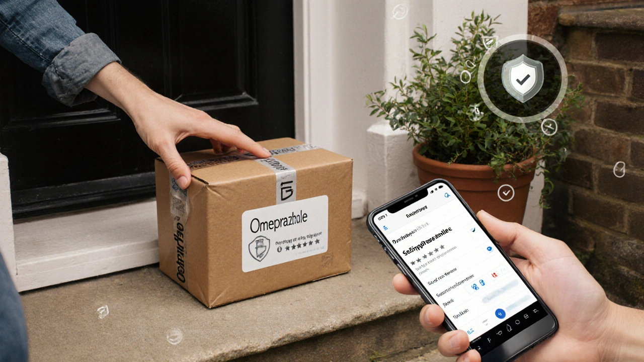 Delivered parcel of omeprazole on a doorstep with phone showing tracking info.
