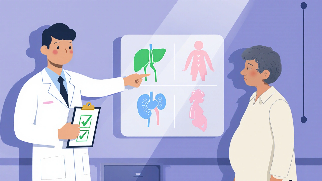 Doctor points to floating liver, kidney, and pregnancy icons in a clinic.
