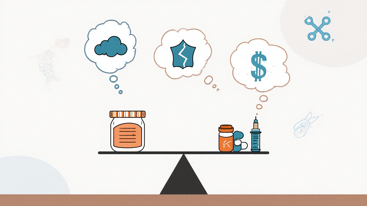 Doctor’s desk with a scale balancing Hydroxyurea against newer drugs, surrounded by bubbles for severity, tolerance, and cost.