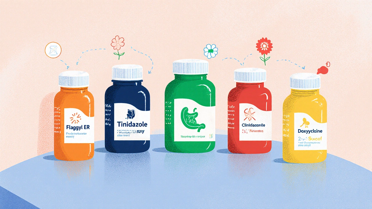 Five medication bottles representing Flagyl ER and alternatives.