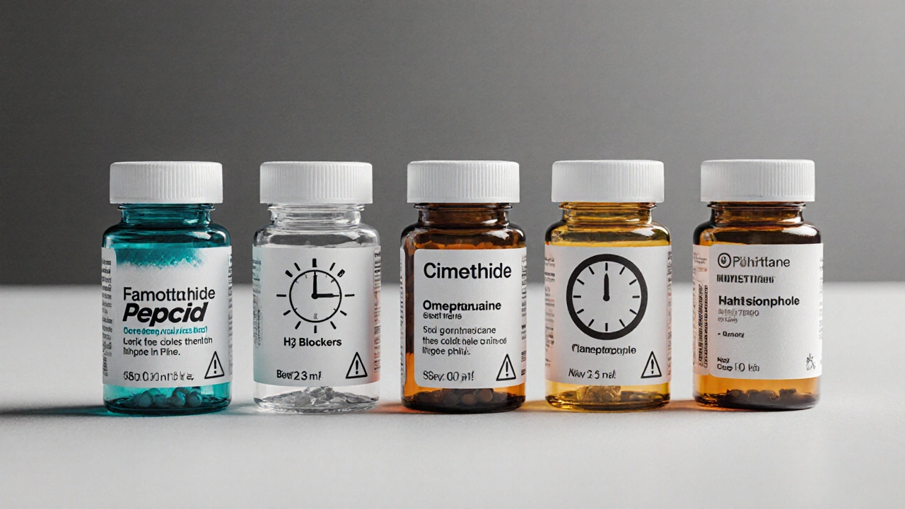 Five pill bottles on a counter, each with icons for onset, duration, and side effects, colored in tritone accents.
