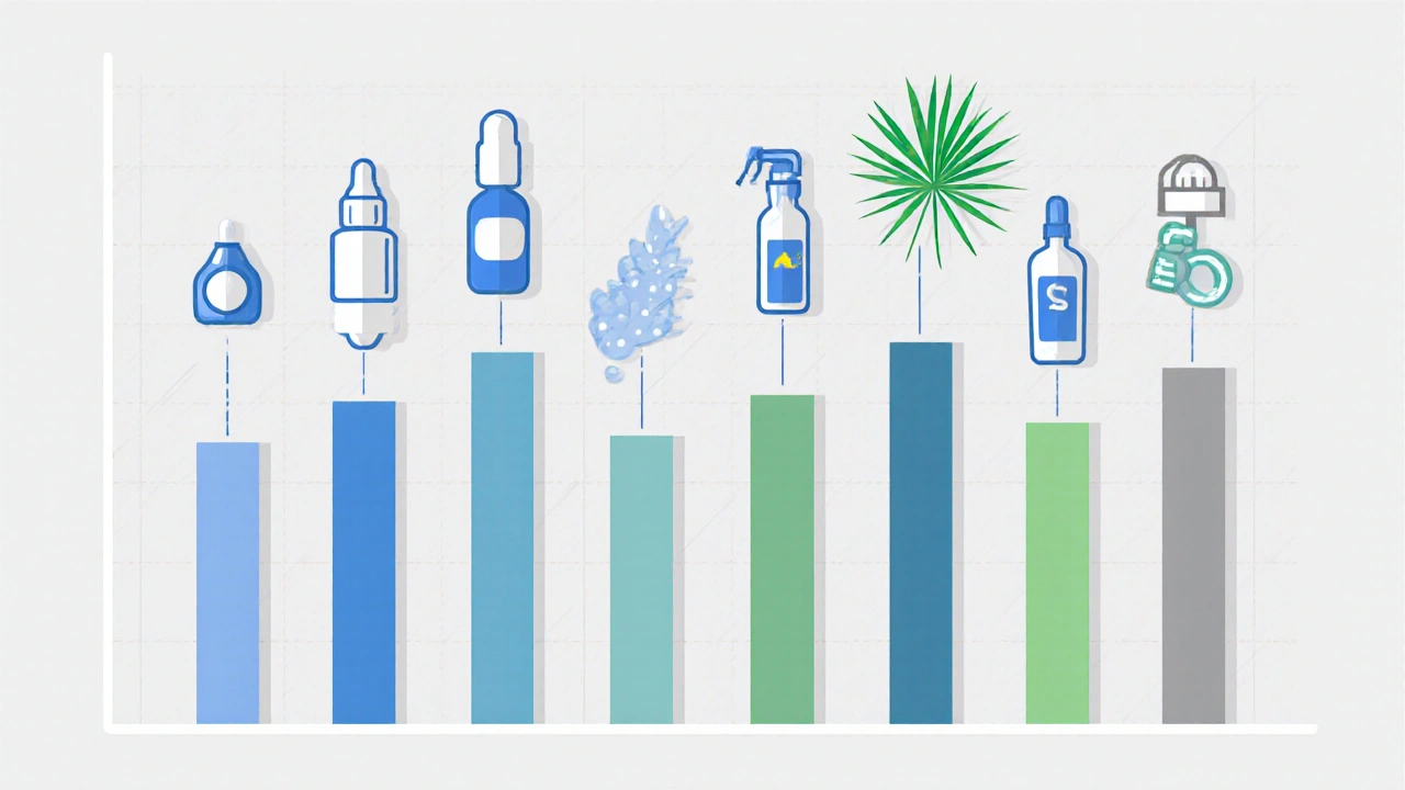 Five simple icons in a vertical chart comparing hair‑loss treatments.