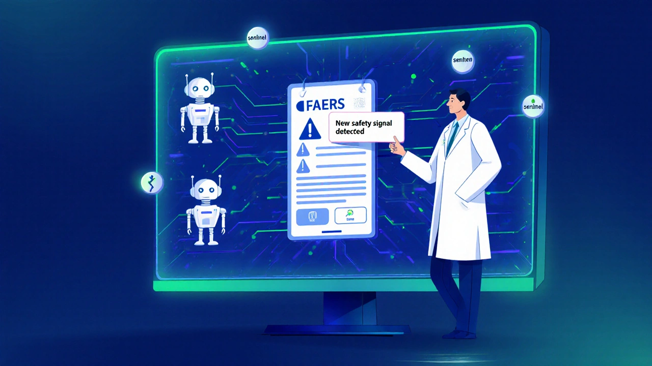 Futuristic screen showing dynamic drug label updates with AI icons.