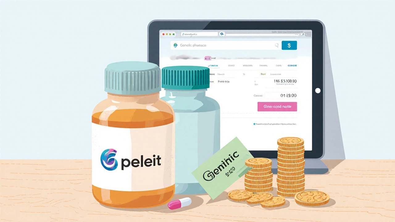 Generic and brand Lipitor bottles on a table with coins showing lower price for generic.