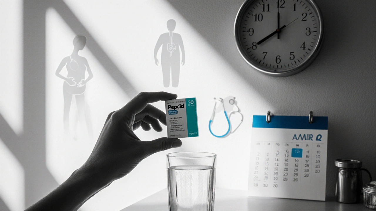 Hand holding a Pepcid tablet near a clock and calendar, with faint kidney, pregnancy, and doctor symbols.