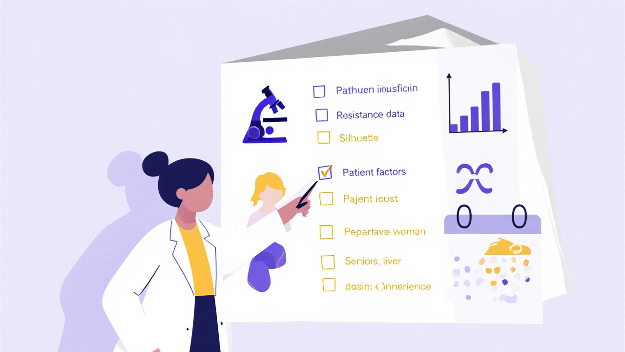 Healthcare worker pointing at a checklist board with icons for pathogen, resistance, and patient factors.