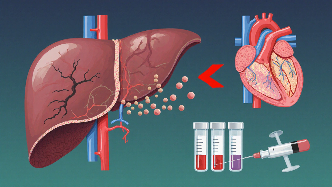 Illustration of liver enzyme blocked by statin, showing reduced LDL and healthier heart.