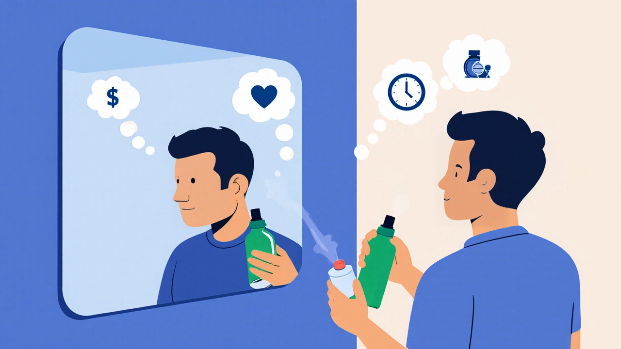 Man in bathroom holding pill and spray, with thought bubbles about cost, speed, and safety.