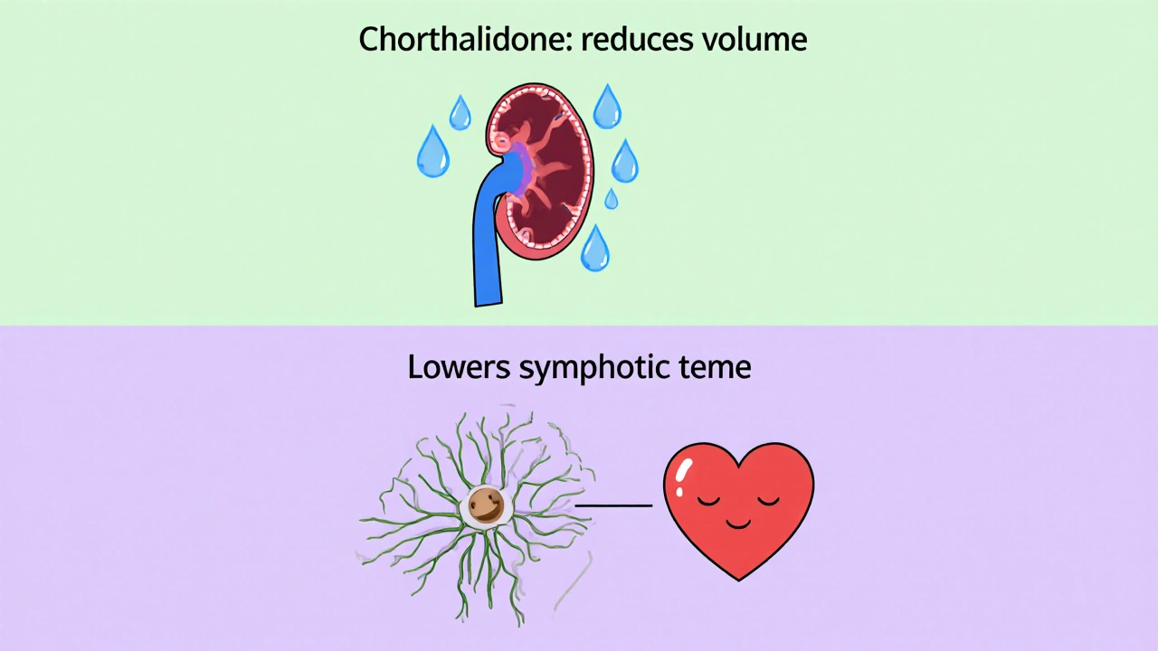 Minimalist cartoon of kidney diuretic action and brainstem reducing heart tone, illustrating Combipres mechanisms.