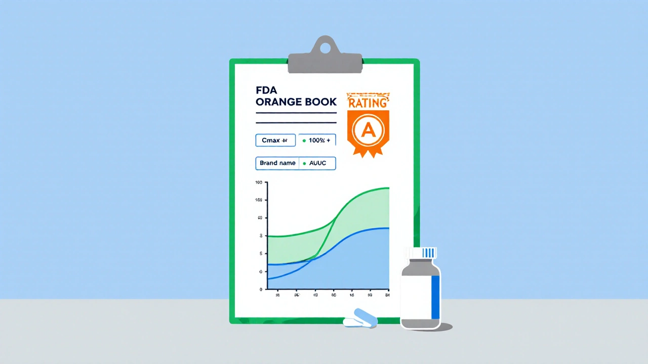 Orange Book page showing 'A' rating with bioequivalence curves for brand and generic.