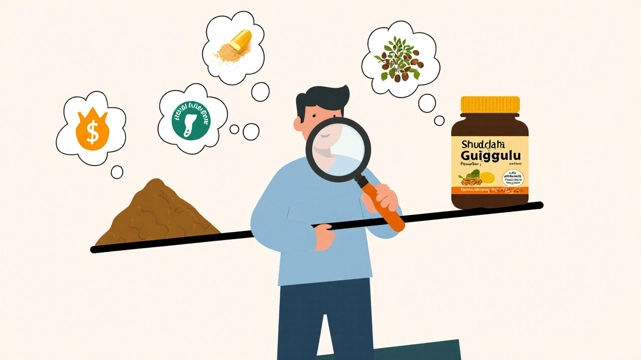 Person comparing pure Shuddha Guggulu and a multi‑herb blend on a scale with thought bubbles.
