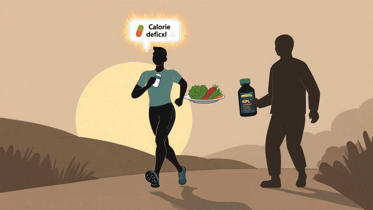 Person jogging with healthy habits, NPXL fading away in background