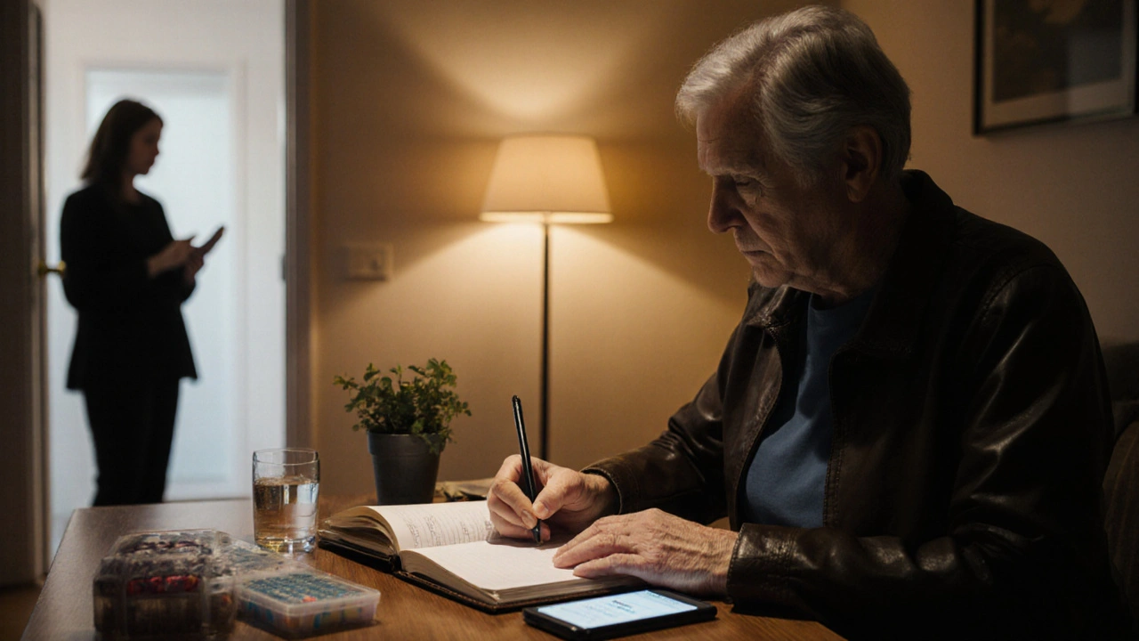 Person writing in a diary with reminders, therapist silhouette nearby.
