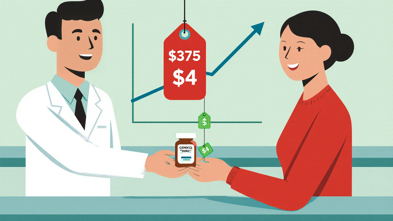 Pharmacist handing a cheap generic pill to a patient while a price tag comparison shows big savings.