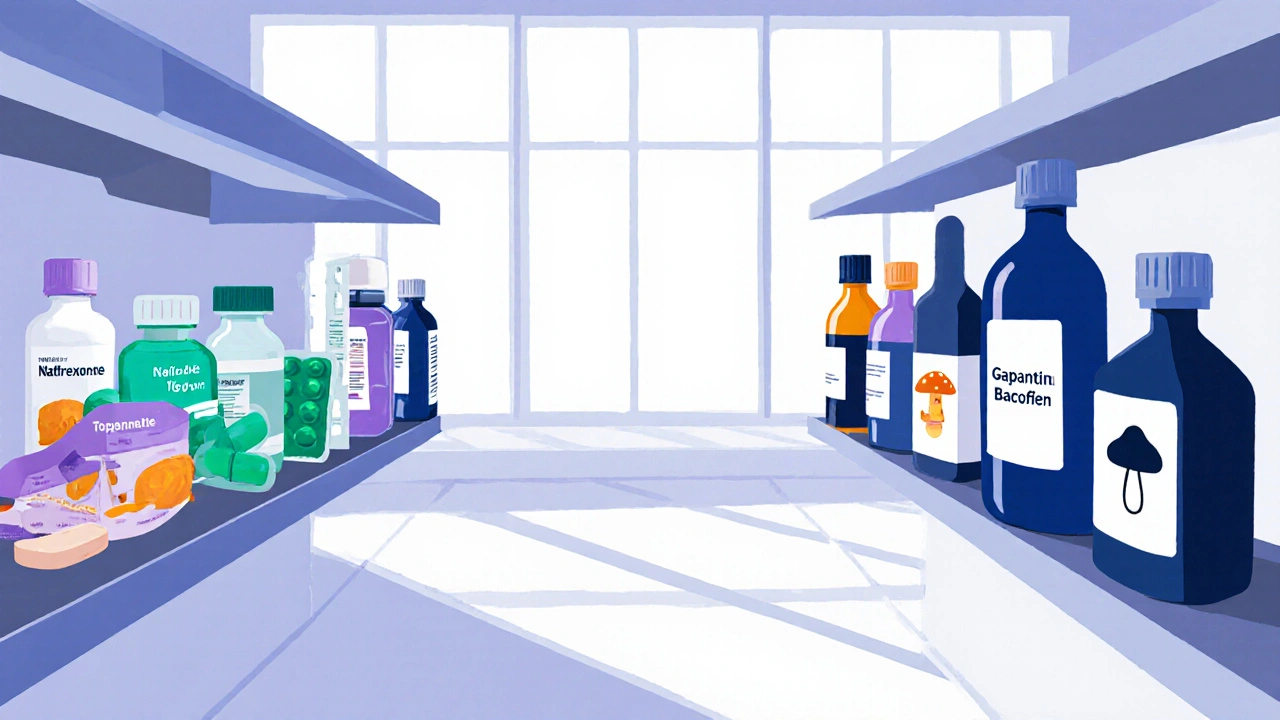 Pharmacy shelf displaying varied pills representing AUD medications.
