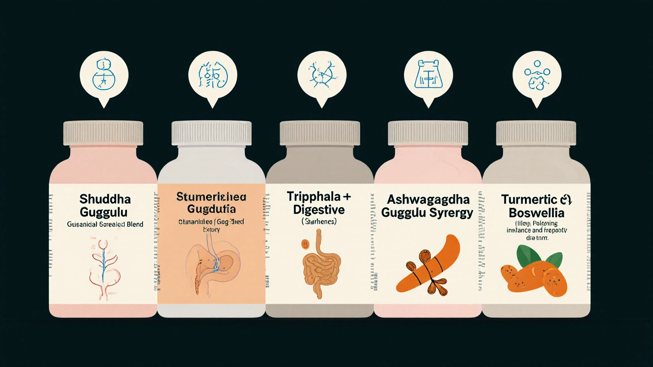 Row of five supplement bottles with icons highlighting their main benefits.