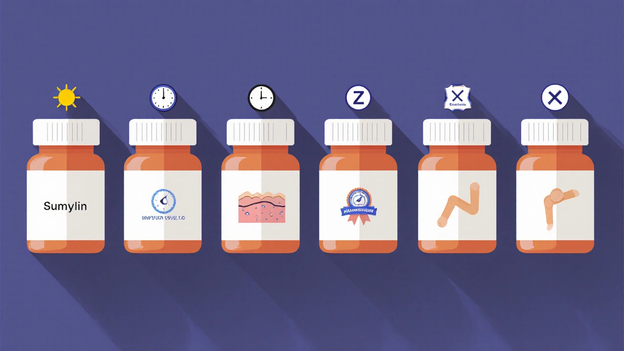 Row of six antibiotic bottles with small icons highlighting each drug’s main trait.