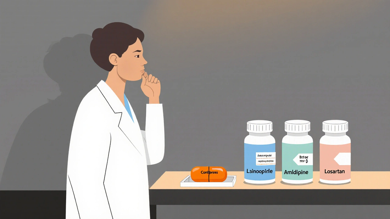 Simple cartoon of a patient choosing between a single Combipres pill and separate hypertension medicines at a pharmacy.