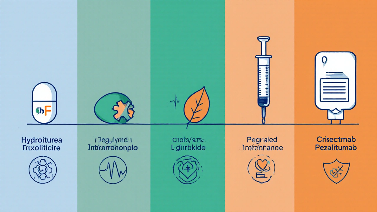 Six medication symbols displayed side by side: Hydroxyurea, Ruxolitinib, Anagrelide, Interferon‑alpha, L‑glutamine, Crizanlizumab.