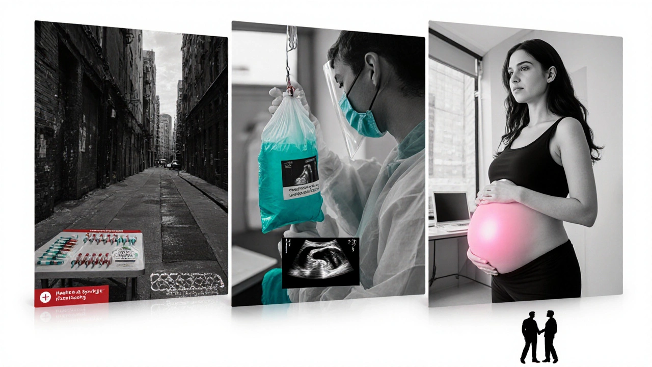 Vignette showing needle exchange, blood bank, and pregnant woman, each highlighted with subtle color accents.