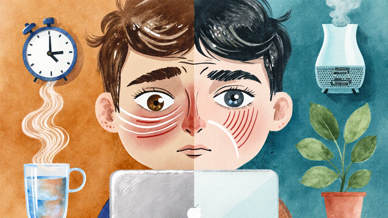 Watercolor split scene showing stress, coffee, and dehydration causing eye pressure and twitching.