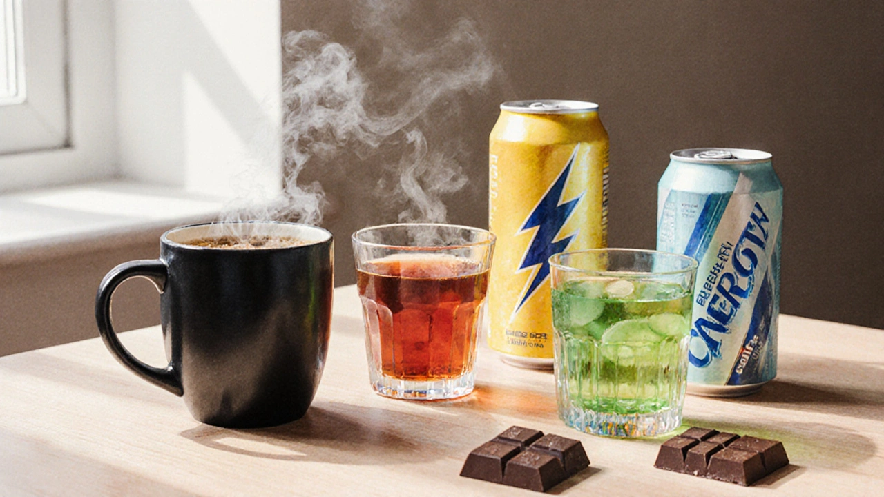 Watercolor still life of coffee, black tea, green tea, energy drink, and chocolate, each with colored aura showing acidity.