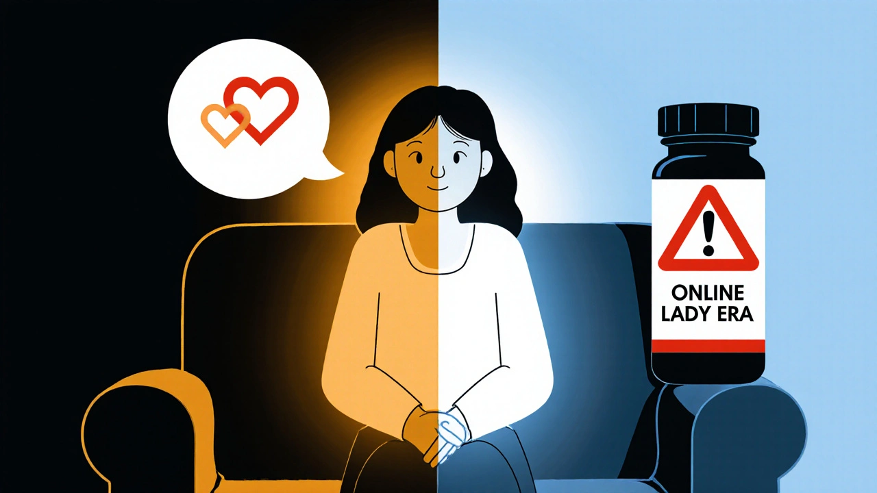 Woman choosing therapy over risky online pills in minimalist style