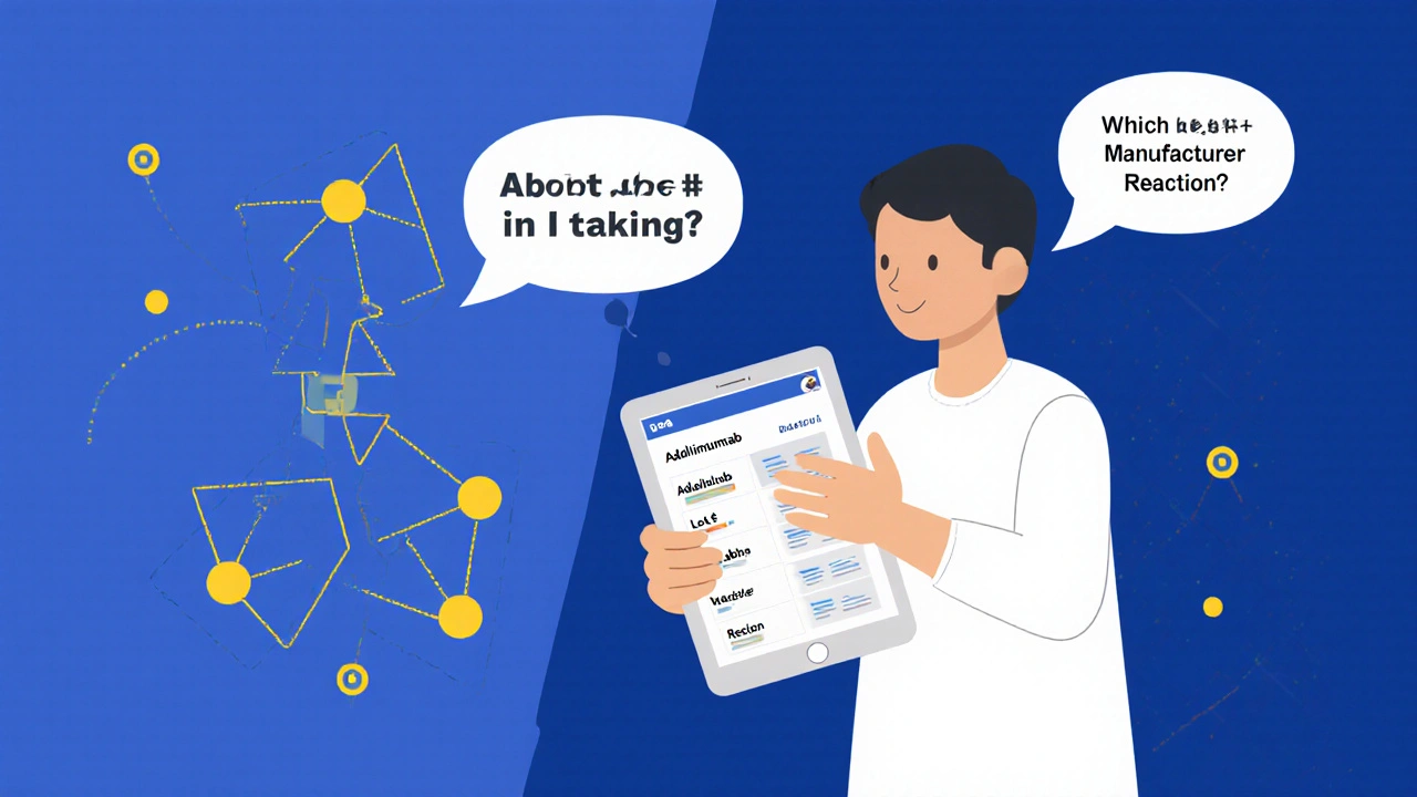 A doctor and patient discussing confusing drug names on a tablet, with missing data points linking to safety tracking issues.