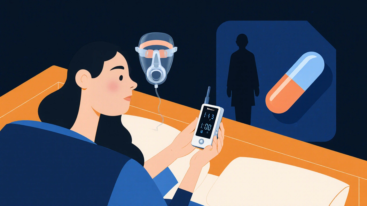 A doctor gives a patient a home sleep test device while a CPAP mask hovers protectively above the bed.