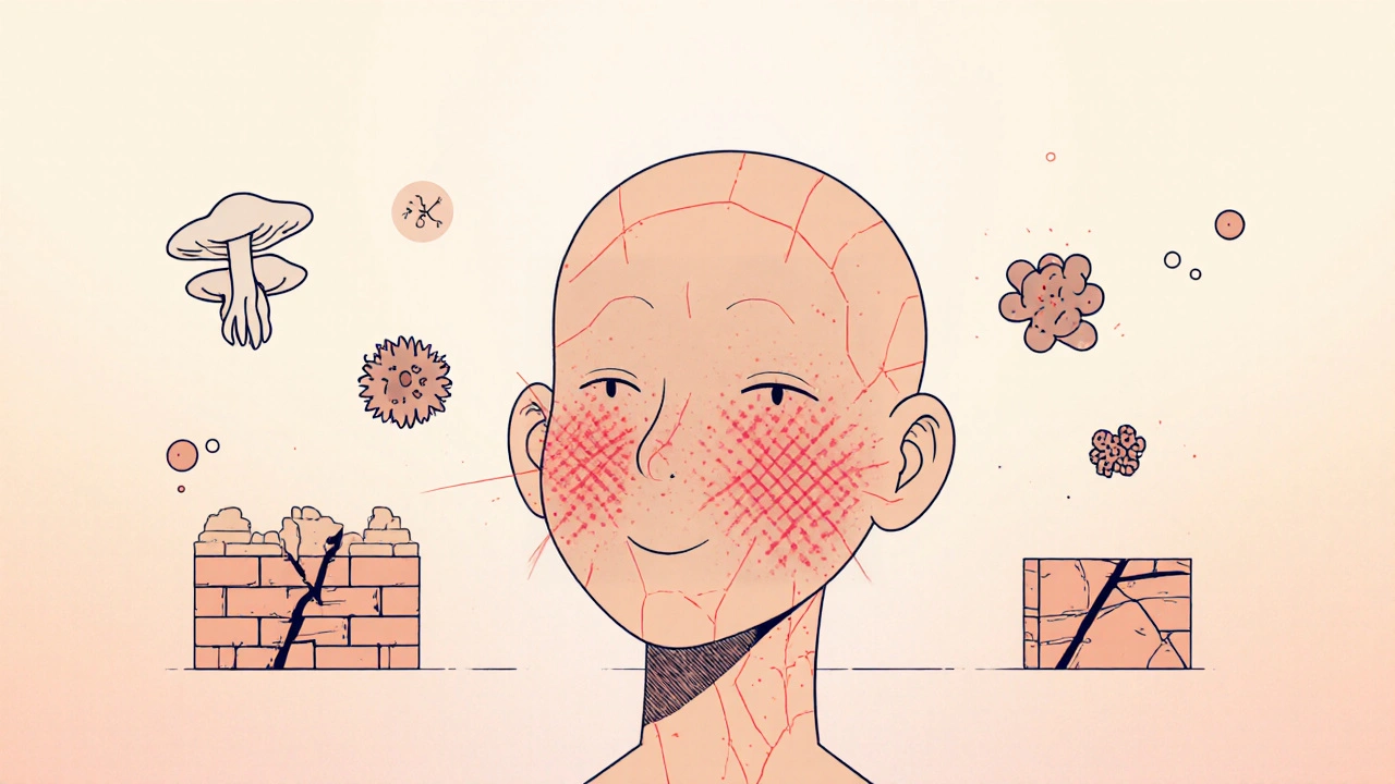 A face with delicate spider veins and abstract infection symbols showing hidden microbial invasion.