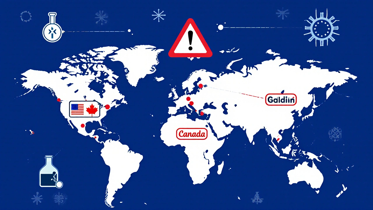 A global map with different biosimilar tracking systems in the U.S., Canada, and EU, connected by warning signals and AI data scans.