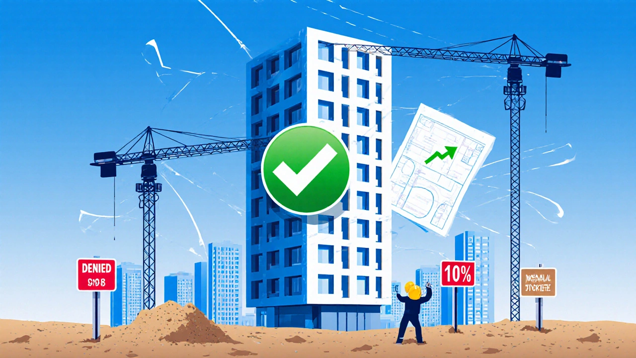 A new apartment building rising with a green checkmark over it, as old denial signs crumble below.