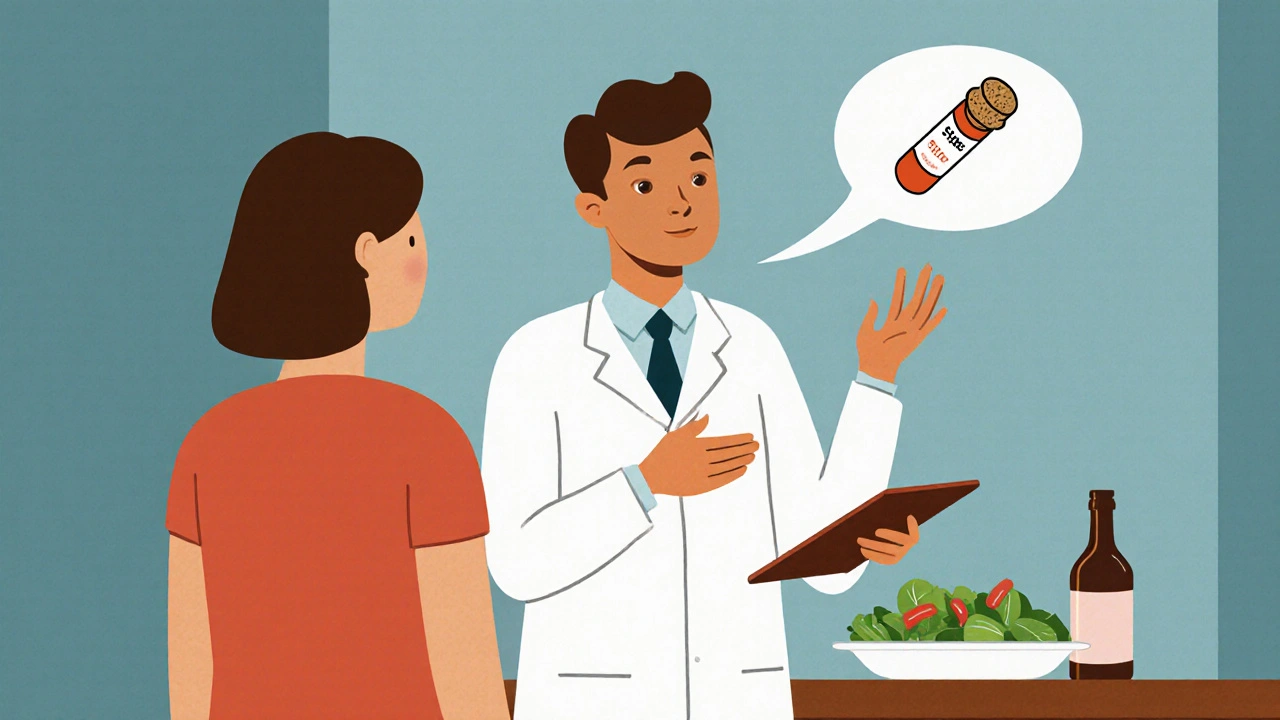 A pharmacist using simple visual analogies to explain how a medication works to a patient.