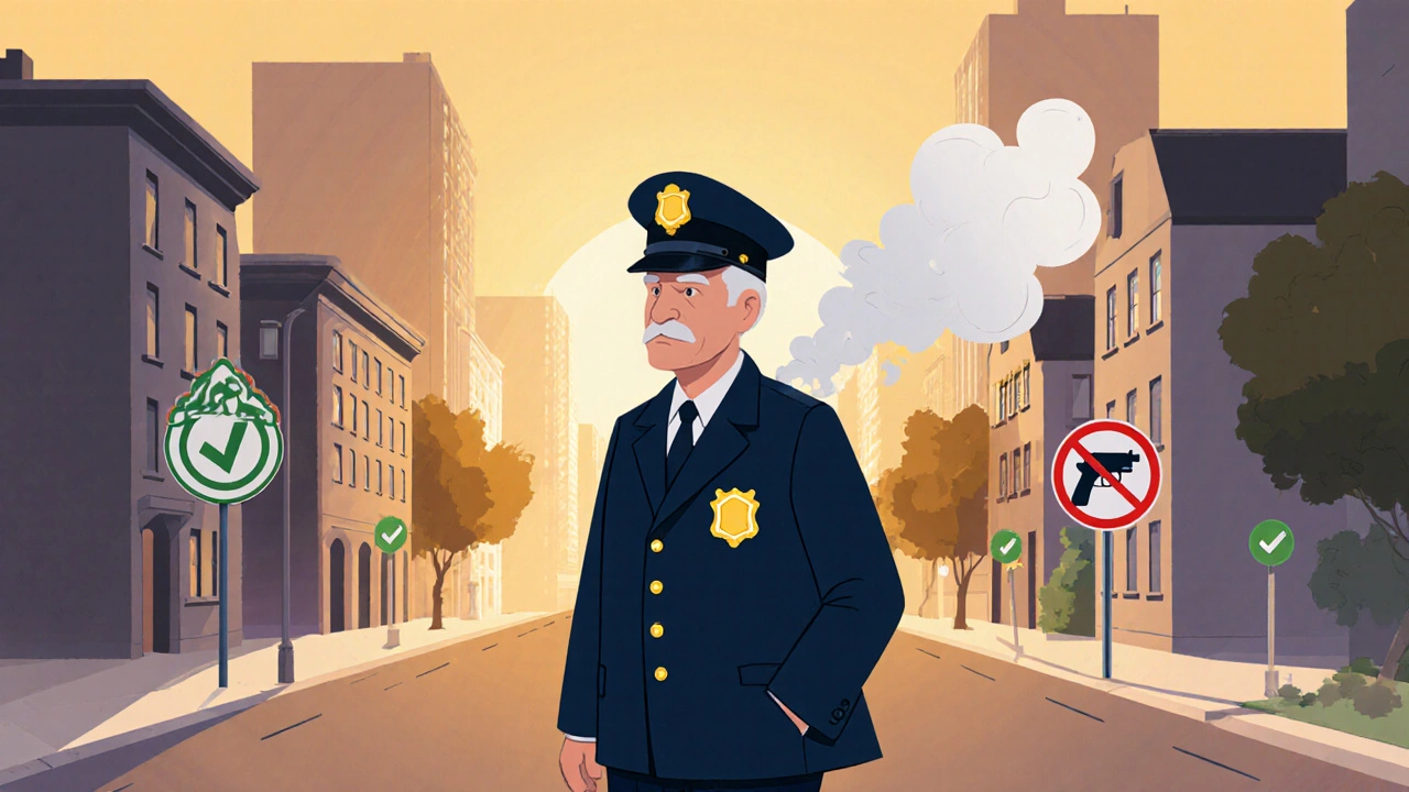 A retired officer walking peacefully through areas once restricted to firearms, now marked with green checkmarks.