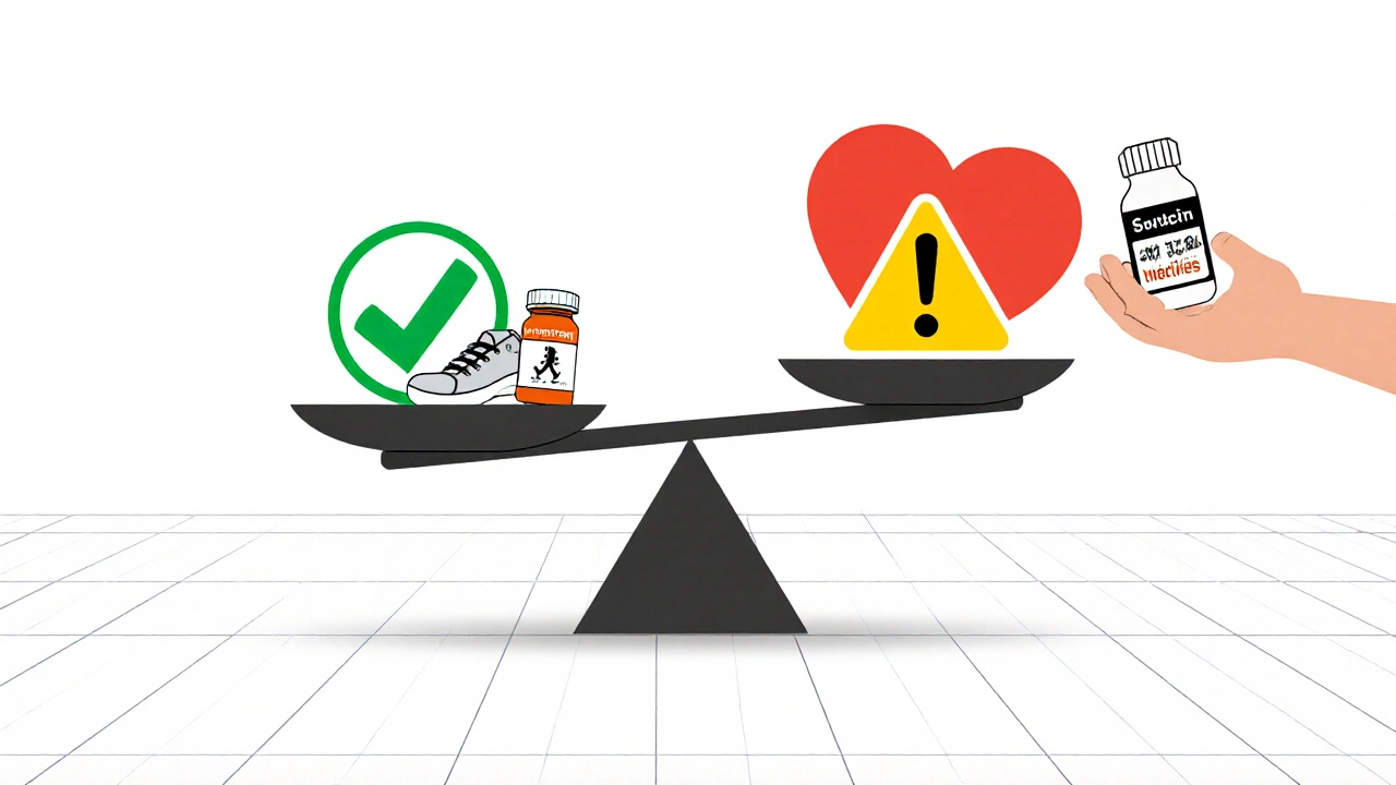 Balanced scale with heart, muscle, CoQ10, shoe, and pill symbols representing treatment options.