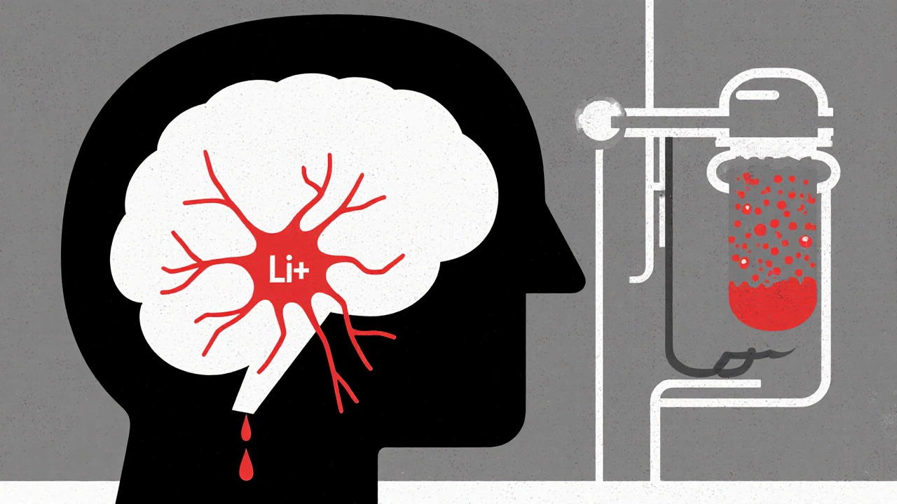Brain with trapped lithium ions and dialysis pulling them out, minimalist style