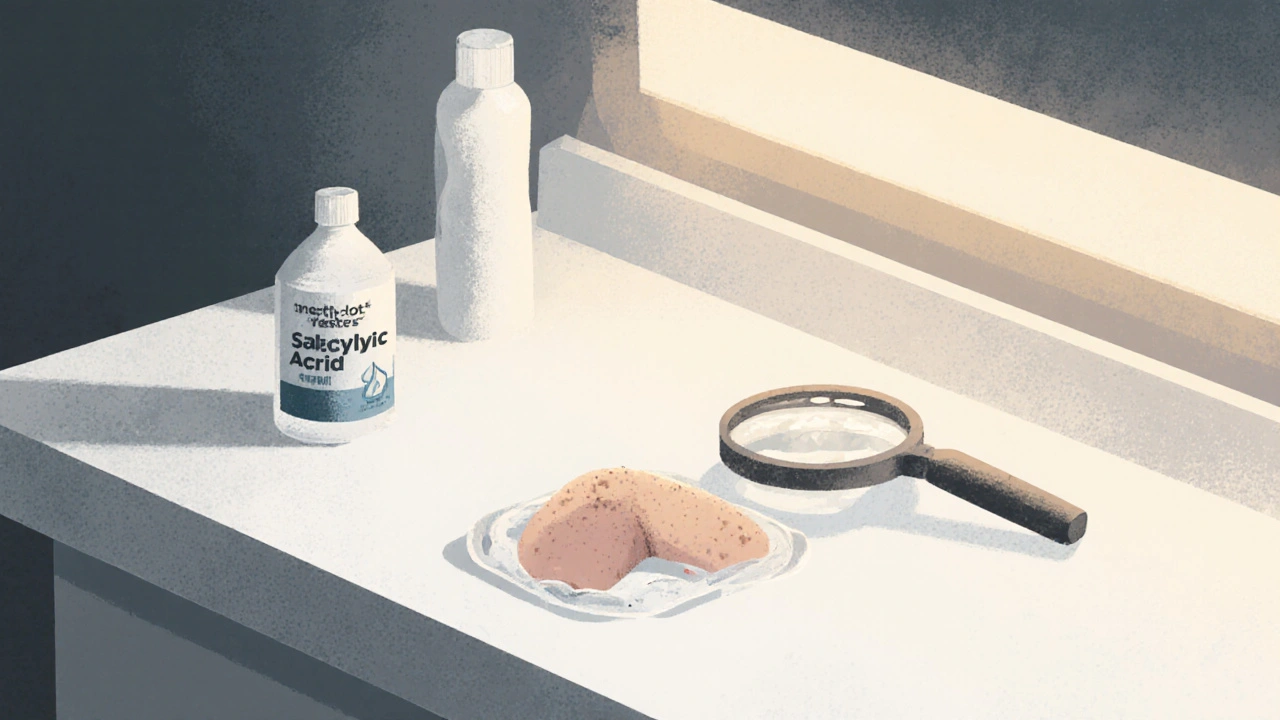 Daily wart treatment setup with salicylic acid and emery board under warm light.