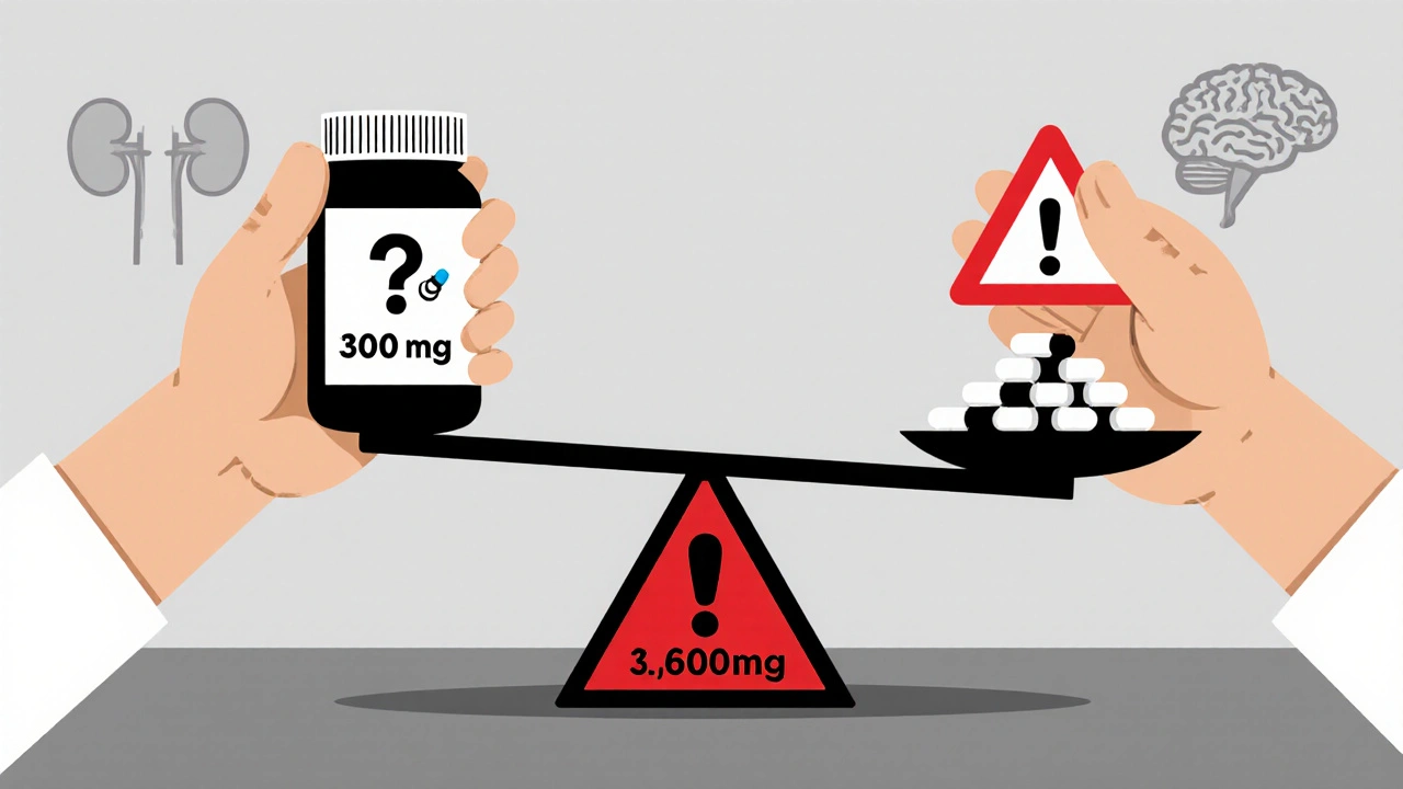 Doctor and patient hands balancing pill doses on a scale, warning triangle above high dose.
