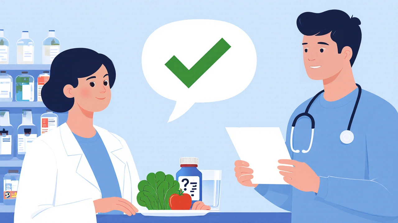 Doctor and pharmacist discussing antibiotic use with patient, alternatives shown as vegetables and water.