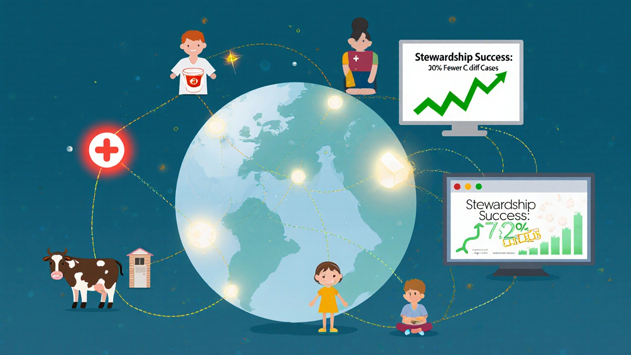 Globe linked to gut health across settings, one antibiotic link breaking, another glowing with success.